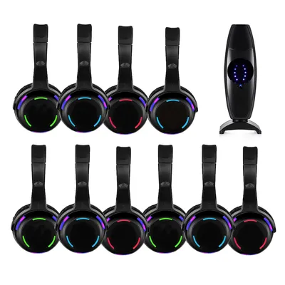 Silent Disco-Kopfhörer, konkurrierendes System, schwarze LED-Funkkopfhörer (10 Headsets + 1 Sender), Image
