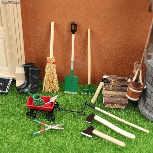 Neue 1set antike Puppenhaus Miniatur Farm Tool Axt Schaufel Pull Cart Besen Stiefel Gießkanne Garten