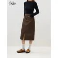 FSLE-Jupe en denim marron rétro pour femme 100% coton taille haute fente avant design féminin