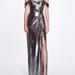 Marchesa Notte Metallic Cutout Off Shoulder Gown - Gunmetal - Grey - 18