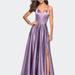 La Femme Long Satin Formal Gown with Leg Slit and Strappy Back - Purple - 10