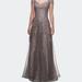 La Femme A-line Dress with Lace Detail and Sheer Cap Sleeves - Grey - 16