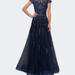 La Femme Long Tulle Gown with Intricate Lace Detailing - Blue - 20