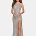 La Femme High Neck Sequin Gown With Open Back And Slit - Grey - 12