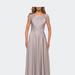 La Femme Long Satin Dress with Sheer Floral Lace Cap Sleeves - Grey - 8