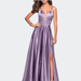 La Femme Long Satin Formal Gown with Leg Slit and Strappy Back - Purple - 00