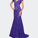 La Femme Lace Mermaid Gown with Cap Sleeves and Open Back - Blue - 00