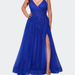 La Femme Plus Size A-line Tulle Dress with Floral Detailing - Blue - 12W