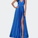 La Femme Elegant Satin Prom Gown with Empire Waist - Blue - 12