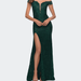 La Femme Lace Off the Shoulder Gown with Deep V Neckline - Green - 00