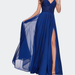 La Femme Chiffon Prom Dress with Sheer Floral Lace Bodice - Blue - 10