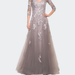 La Femme Elegant A-Line Gown with Lace Applique and V Neck - Grey - 16