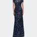 La Femme Long Beaded Lace Dress with Sheer Neckline - Blue - 10