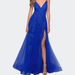 La Femme Tulle Prom Dress with Floral Detail and Side Slit - Blue - 00