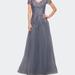 La Femme Lace and Tulle A-line Evening Gown with Cap Sleeve - Grey - 20