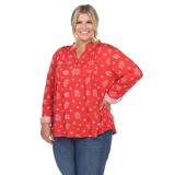 White Mark Plus Size Pleated Long Sleeve Leaf Print Blouse - Red - 3X