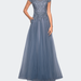 La Femme Long Tulle Gown With Lace Bodice And Pockets - Blue - 4