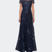 La Femme Short Sleeve Long Sequin Dress with Sheer Neckline - Blue - 2