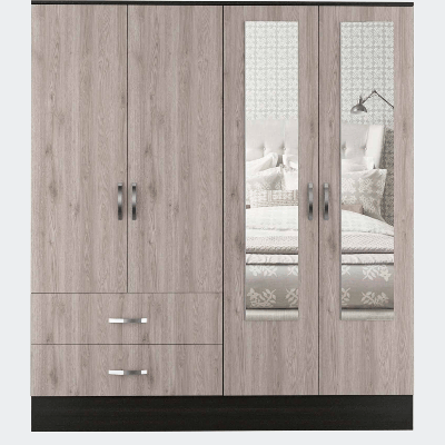 FM Furniture Florencia L Mirrored Armoire, Two Cabinets With Divisions, Two Drawers - Grey
