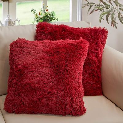 Cheer Collection Set of 2 Shaggy Long Hair Throw Pillows - Red - 18 X 18 IN