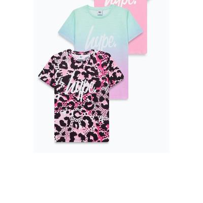 Hype Hype Girls Fade Leopard Print T-Shirt Set (Pack of 3) (Pink/Blue/Black) - Pink - 9