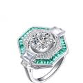 Genevive Sterling Silver White Gold Plated With Baguette And Round Cubic Zirconia Modern Ring - Green