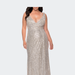 La Femme Sequin Plus Size Gown with Ruching and V-neck - Grey - 20W