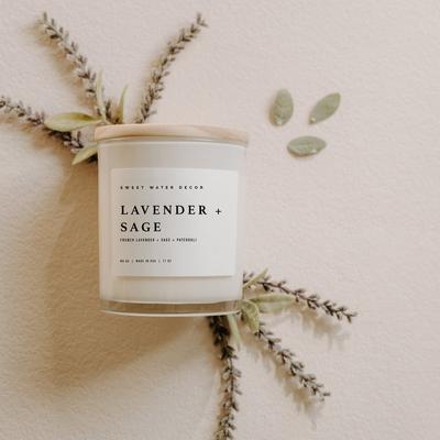 Sweet Water Decor Lavender and Sage Soy Candle - White Jar Candle + Wood Lid - White - 11 OZ