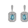 Haus of Brilliance .925 Sterling Silver 7x5mm Emerald Shape Blue Topaz And Diamond Accent Art Deco Halo Style Drop And Dangle Earrings - White