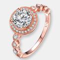 Genevive Sterling Silver Rose Gold Plated Cubic Zirconia Pave Solitaire Ring - Pink - 7
