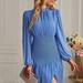 Anna-Kaci Shirred Waist Front Slit Dress - Blue - XL