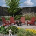 Merrick Lane Ayala 5 Piece Outdoor Leisure Set with Set of 4 Red Poly Resin Adirondack Chairs and Star and Moon Iron Fire Pit - Red