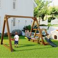 Balançoire double en bois avec toboggan, portique pour enfants, portique avec échelle, balançoire