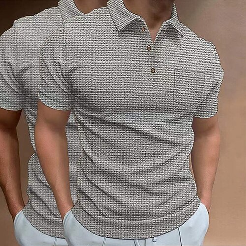 Herren Waffel-Poloshirts Textur Straße Lässig Polokragen Kurzarm Mode Lässig Einfarbig Knopf vorne Button-Down Frühling Sommer Normale Passform Schwarz Schwarz KhakiKaki Weiss grau Weiß Wei Image