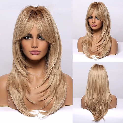 Haircube lange blonde Perücken für Frauen, geschichtete Kunsthaarperücke für die tägliche Party, Weihnachtsfeier-Perücken, Barbiecore-Perücken Image