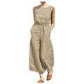 Qcmgmg Elegant Jumpsuit Wide Leg Lounge Cotton Linen Bib Pants Pockets Palazzo Overalls for Women Casual Sleeveless Womens Romper Khaki M