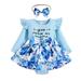 Elainilye Fashion Infant Baby Girls Rompers Sets Long Sleeve Romper Print Skirt Jumpsuit With Headband Two-piece Set Blue