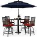 durable & William Patio Bar Set 6 Piece Outdoor Dining Table and Chairs Metal Furniture Set with 4 Swivel Bar Stools 1 Square Bar Height Table and 3-Tier 10ft Patio Umbrella Navy