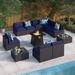 durable 8 Pieces Patio Furniture Set with 45 Plate Embossing Propane Fire Table Outdoor PE Rattan Sectional Sofa Set Patio Gas Fire Pit Conversation Set with Blue Cushions & Glas