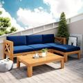5-Piece Patio Sectional Sofa Set with Coffee Table 5-Piece Patio Conversation Set with Movable Cushions Outdoor Wood Seating Group Set Patio Furniture Set for Porch Lawn Garden Navy+Natural