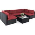 SUNCROWN 7-Piece Outdoor Patio Furniture Sofa Set All-Weather Wicker Sectional Conversation Set with Modern Glass Coffee Table and Cushions-Red