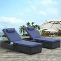 Patio Chaise Lounge Chair Set of 2 Outdoor PE Rattan Wicker Recliner Chair with 5 Position Adjustable Backrest Removable Cushions and Side Table Outdoor Reclining Chair (Black+Navy Blue)