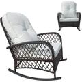 LLBIULife Outdoor Wicker Rocking Chair Rattan Patio Rocker Chair with Cushion Garden Rattan Sofa All-Weather Patio Rocker Chairs Weight Capacity 330lbs - Brown with White Cushion