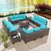 8PCS Outdoor Patio Furniture Set with 43 55000BTU Gas Propane Fire Pit Table PE Wicker Rattan Sectional Sofa Patio Conversation Sets Navy Blue