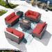 8PCS Outdoor Patio Furniture Set with 43 55000BTU Gas Propane Fire Pit Table PE Wicker Rattan Sectional Sofa Patio Conversation Sets Navy Blue