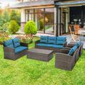 Gaildon Super 6-Pieces 7-Seats Patio Outdoor Furniture Sets All Weather Wicker Sectional Sofa Couch Lawn Sectional Furniture with Washable Couch Cushions and Wicker Table (Cream)