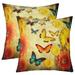 YST Vintage Floral Throw Pillow Covers 18x18 Inch Set of 2 Orange Yellow Green Butterflies Pillow Covers for Couch Groovy Flowers Cushion Covers Oil Painting Style Decorative Pillow Covers