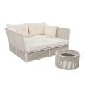 Patio Sunbed and Coffee Table Set Rope Double Chaise Lounger Loveseat Daybed with Tempered Glass Table Outdoor Furniture Set for Backyard Poolside Garden Beige