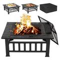 32 inch Outdoor Square Metal Firepit Backyard Patio Garden Stove Wood Burning W/Rain Cover Faux-Stone Finish