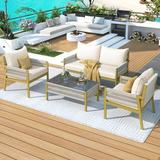 4-Piece Outdoor Patio Furniture Set Patio Metal Conversation Set with Tempered Glass Table All-Weather Woven Rope Deep Seating Sofa Set with Thick Cushion for Porch Backyard Balcony Beige